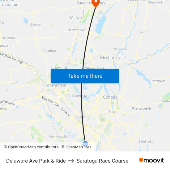 Delaware Ave Park & Ride to Saratoga Race Course map
