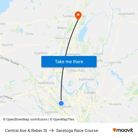 Central Ave & Reber St to Saratoga Race Course map