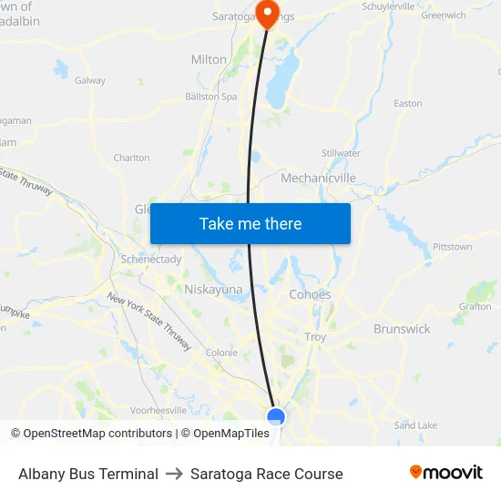 Albany Bus Terminal to Saratoga Race Course map