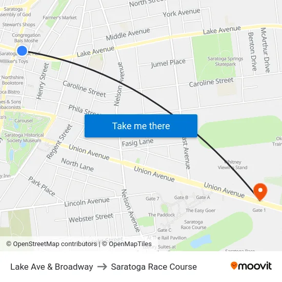 Lake Ave & Broadway to Saratoga Race Course map