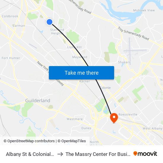 Albany St & Colonial Ave to The Massry Center For Business map