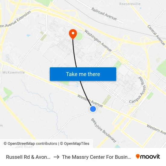 Russell Rd & Avon Pl to The Massry Center For Business map