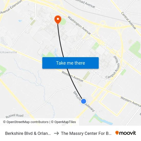 Berkshire Blvd & Orlando Ave to The Massry Center For Business map