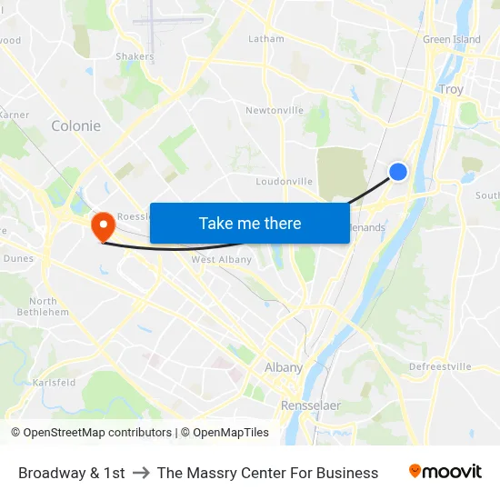 Broadway & 1st to The Massry Center For Business map
