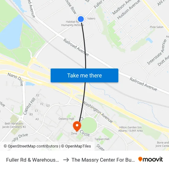 Fuller Rd & Warehouse Row to The Massry Center For Business map