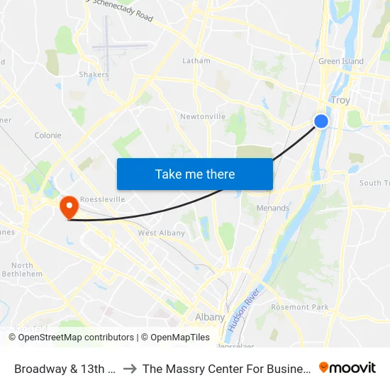 Broadway & 13th St to The Massry Center For Business map
