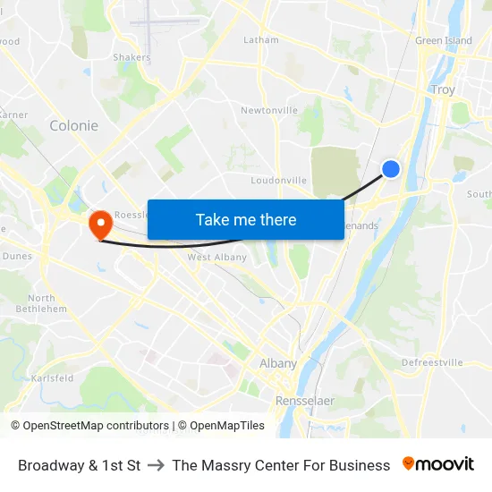 Broadway & 1st St to The Massry Center For Business map