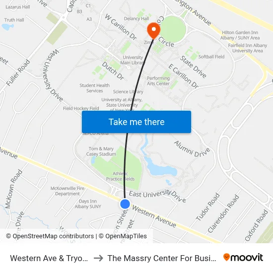 Western Ave & Tryon Pl to The Massry Center For Business map