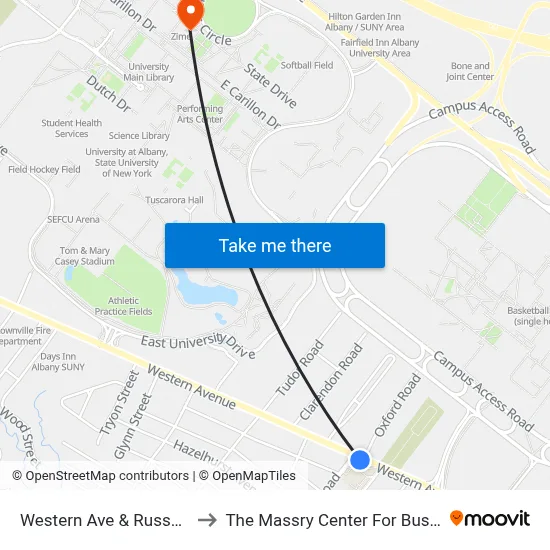 Western Ave & Russell Rd to The Massry Center For Business map