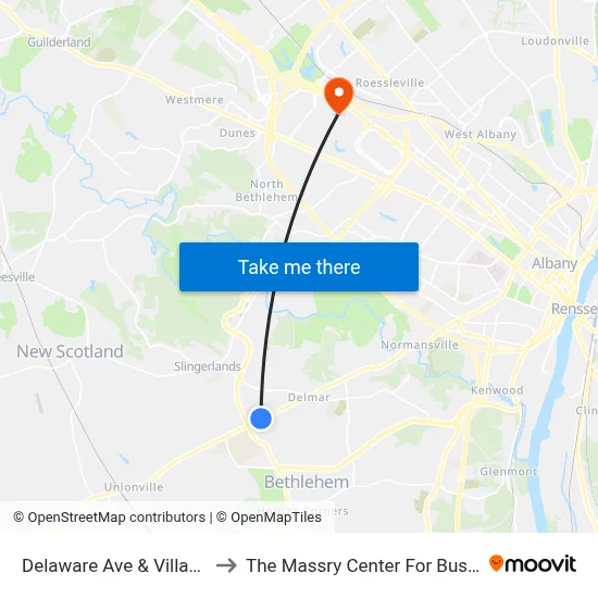 Delaware Ave & Village Dr to The Massry Center For Business map