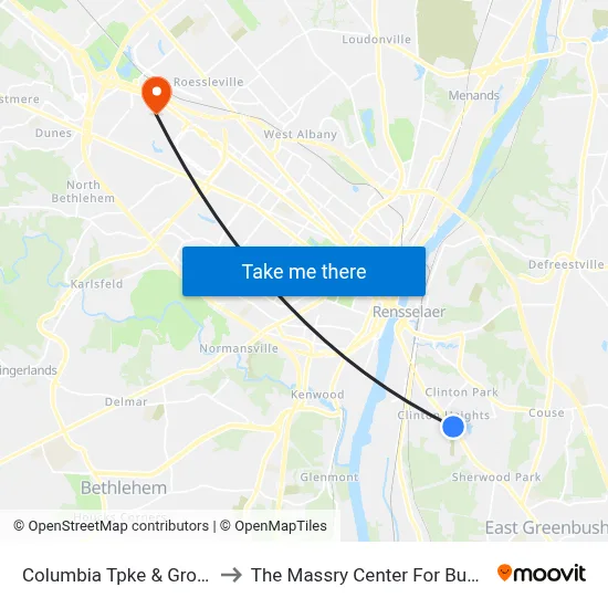 Columbia Tpke & Grove St to The Massry Center For Business map