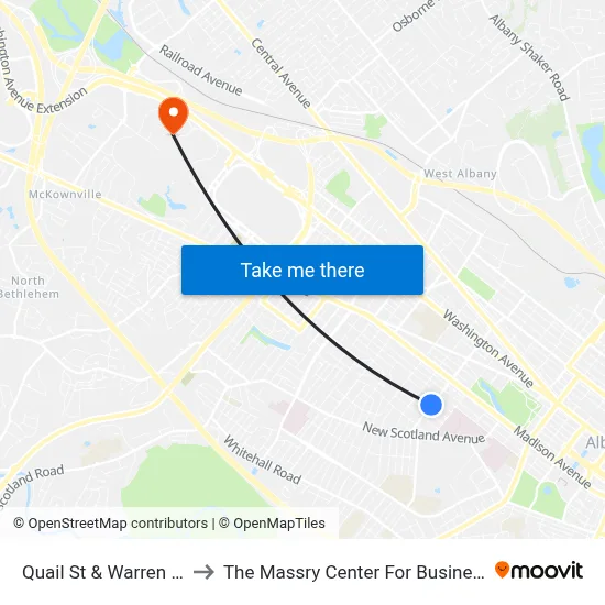 Quail St & Warren St to The Massry Center For Business map