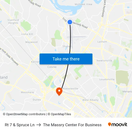 Rt 7 & Spruce Ln to The Massry Center For Business map