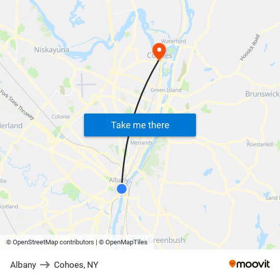 Albany to Cohoes, NY map