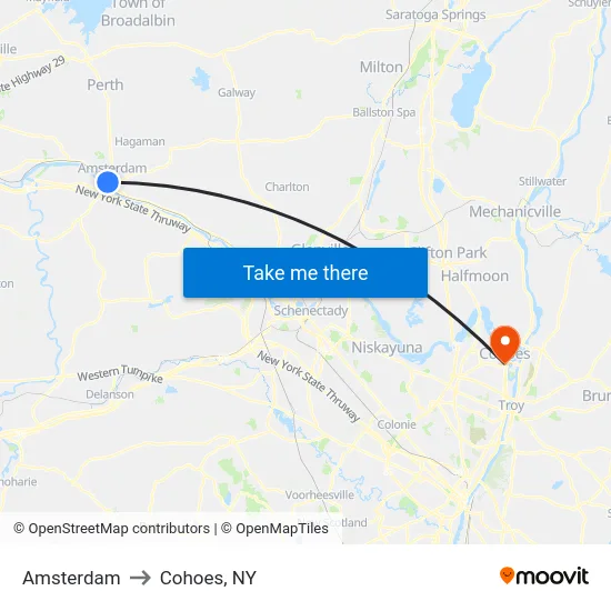 Amsterdam to Cohoes, NY map