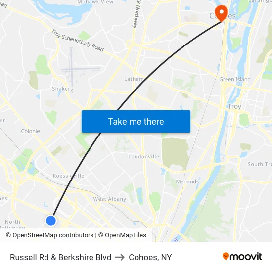 Russell Rd & Berkshire Blvd to Cohoes, NY map