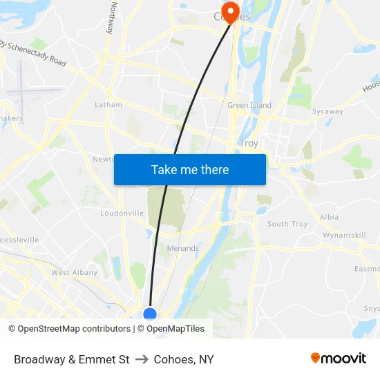 Broadway & Emmet St to Cohoes, NY map