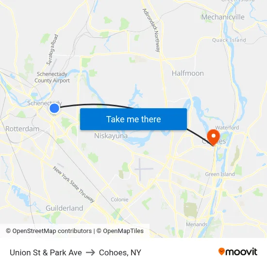 Union St & Park Ave to Cohoes, NY map