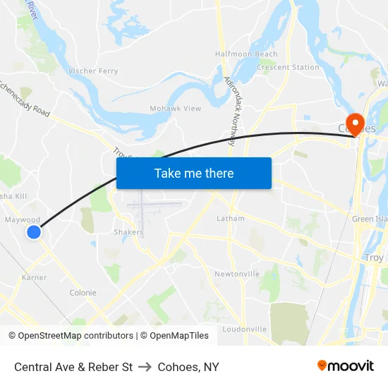 Central Ave & Reber St to Cohoes, NY map
