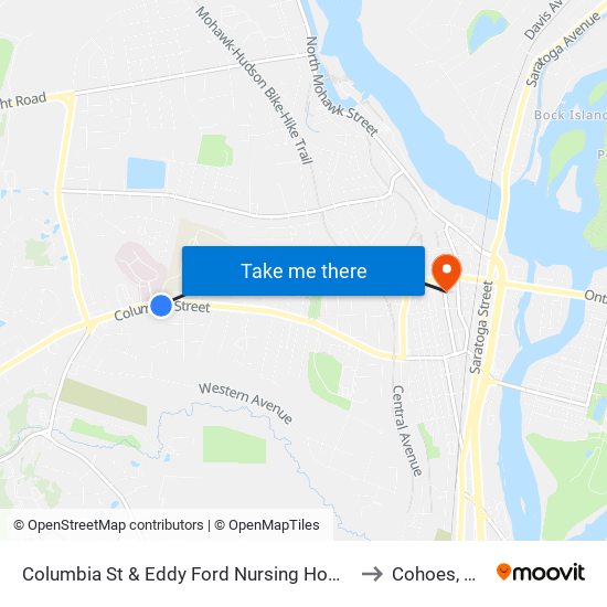 Columbia St & Eddy Ford Nursing Home to Cohoes, NY map