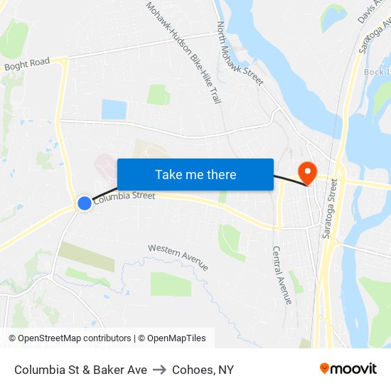 Columbia St & Baker Ave to Cohoes, NY map