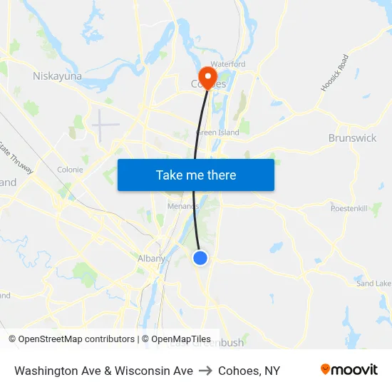 Washington Ave & Wisconsin Ave to Cohoes, NY map