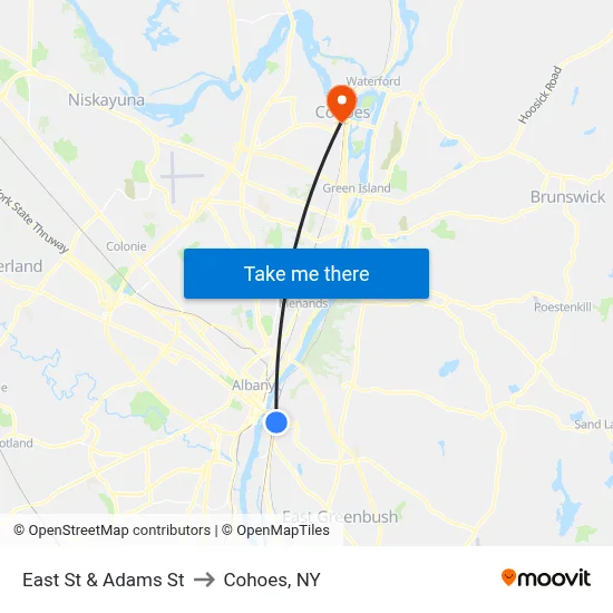 East St & Adams St to Cohoes, NY map