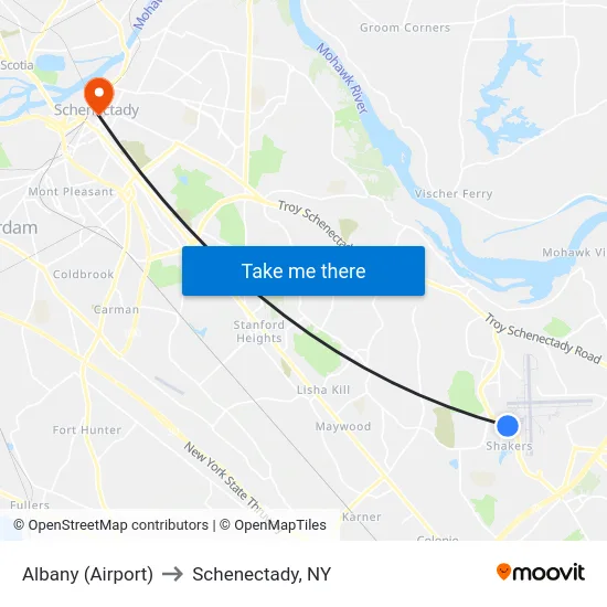 Albany (Airport) to Schenectady, NY map