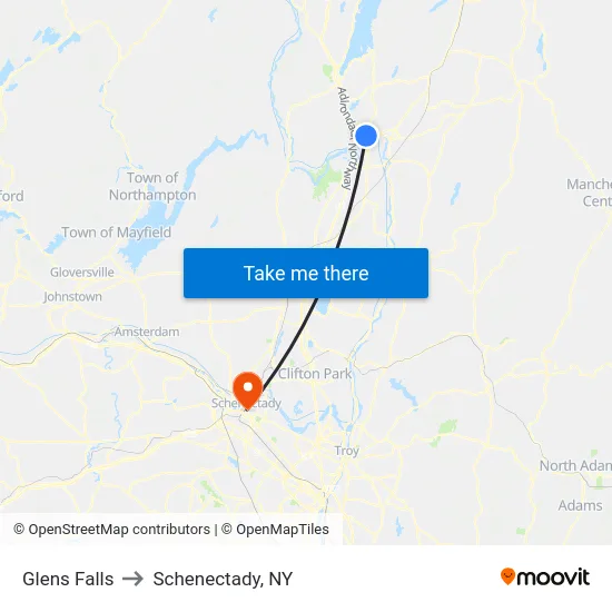 Glens Falls to Schenectady, NY map