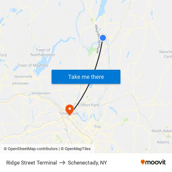 Ridge Street Terminal to Schenectady, NY map