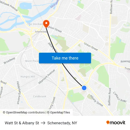 Watt St & Albany St to Schenectady, NY map