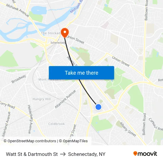 Watt St & Dartmouth St to Schenectady, NY map