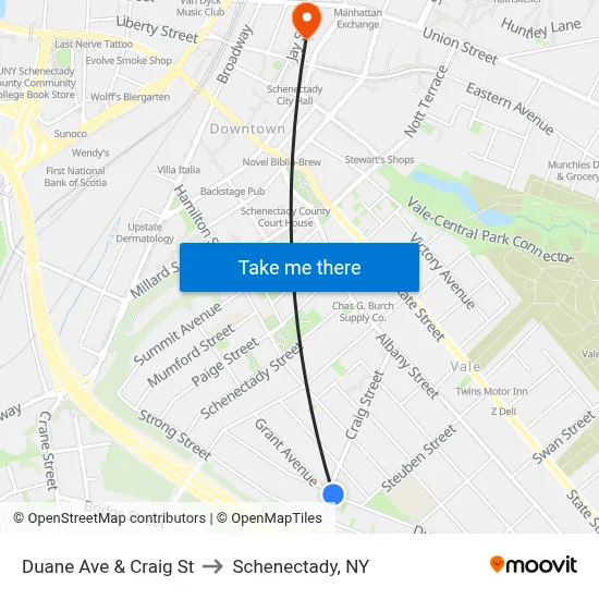 Duane Ave & Craig St to Schenectady, NY map