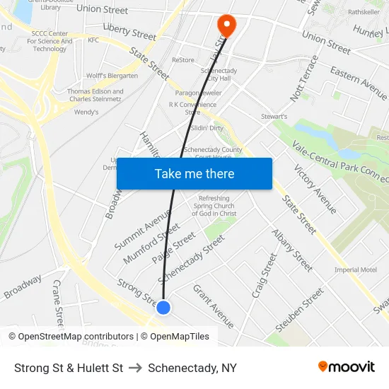 Strong St & Hulett St to Schenectady, NY map