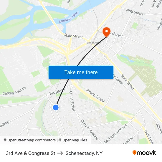 3rd Ave & Congress St to Schenectady, NY map
