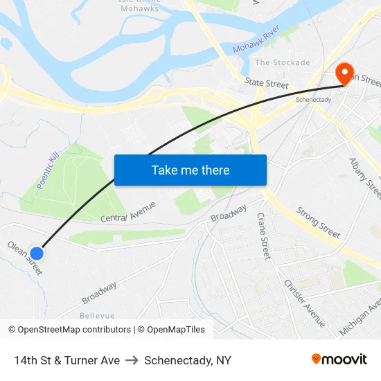 14th St & Turner Ave to Schenectady, NY map
