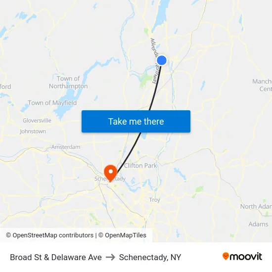 Broad St & Delaware Ave to Schenectady, NY map