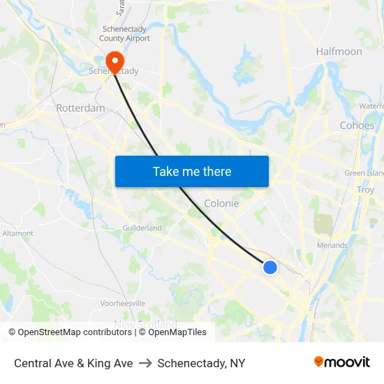 Central Ave & King Ave to Schenectady, NY map