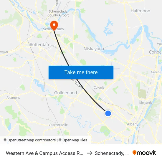 Western Ave & Campus Access Road to Schenectady, NY map