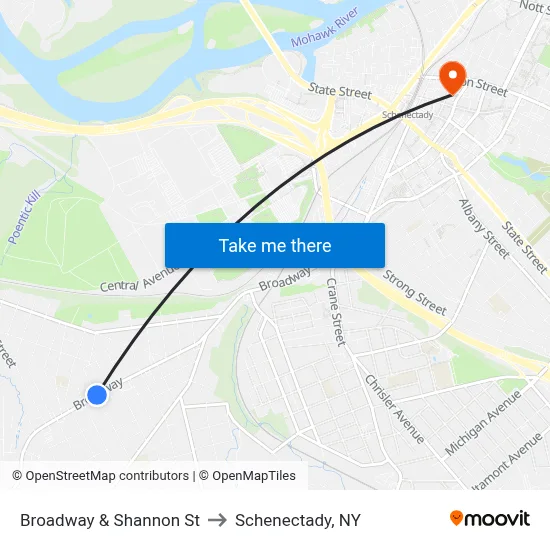 Broadway & Shannon St to Schenectady, NY map