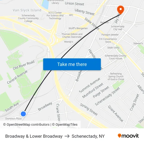 Broadway & Lower Broadway to Schenectady, NY map
