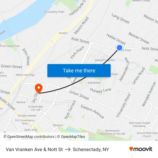 Van Vranken Ave & Nott St to Schenectady, NY map