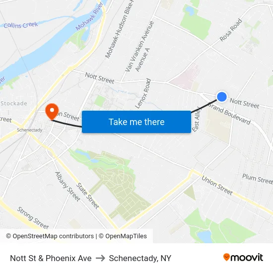 Nott St & Phoenix Ave to Schenectady, NY map