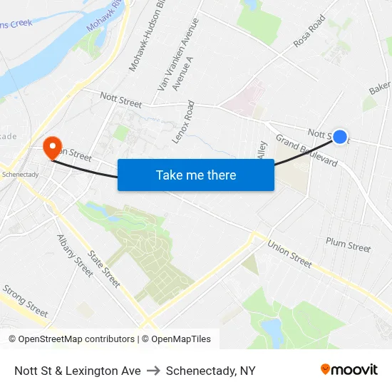 Nott St & Lexington Ave to Schenectady, NY map