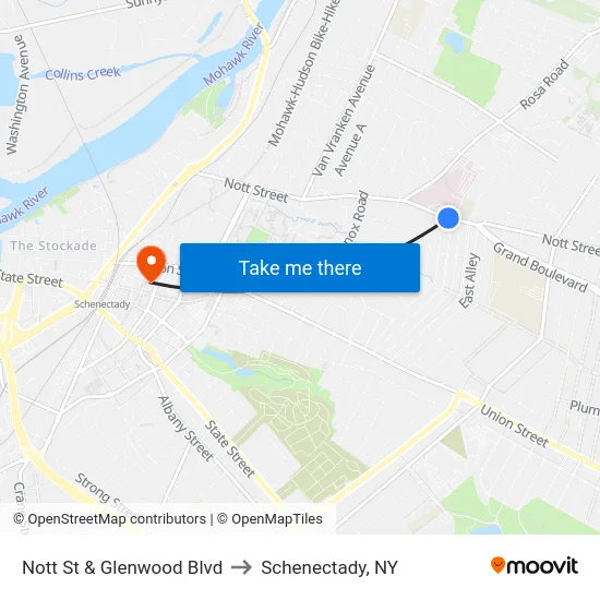 Nott St & Glenwood Blvd to Schenectady, NY map