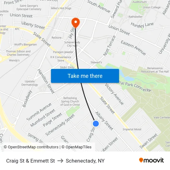 Craig St & Emmett St to Schenectady, NY map