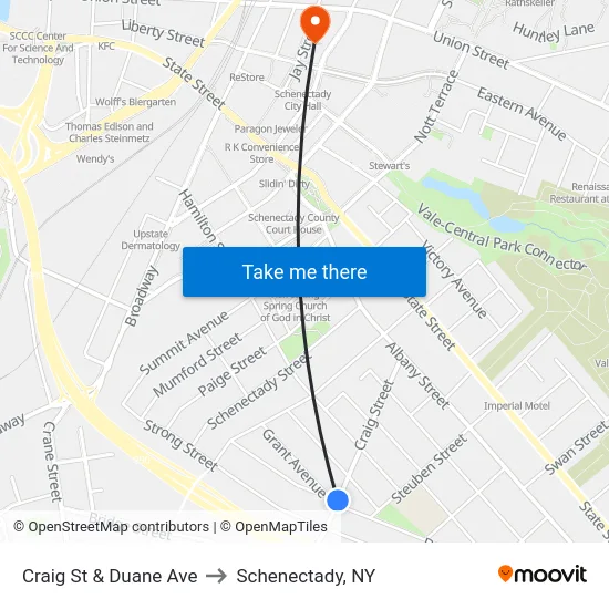 Craig St & Duane Ave to Schenectady, NY map