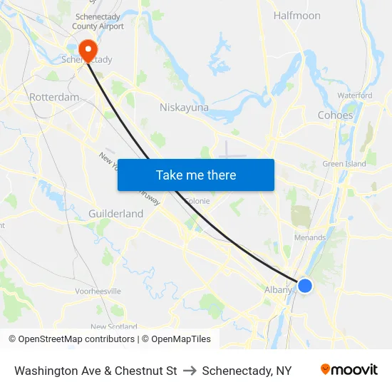 Washington Ave & Chestnut St to Schenectady, NY map