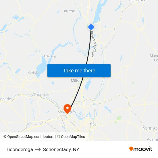 Ticonderoga to Schenectady, NY map