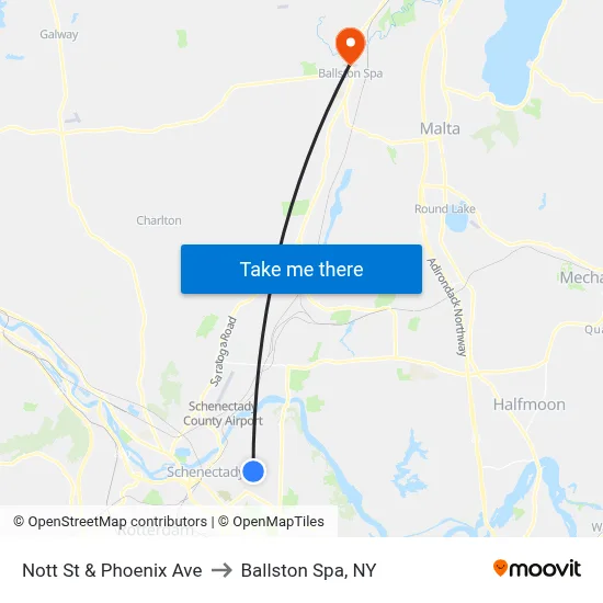 Nott St & Phoenix Ave to Ballston Spa, NY map